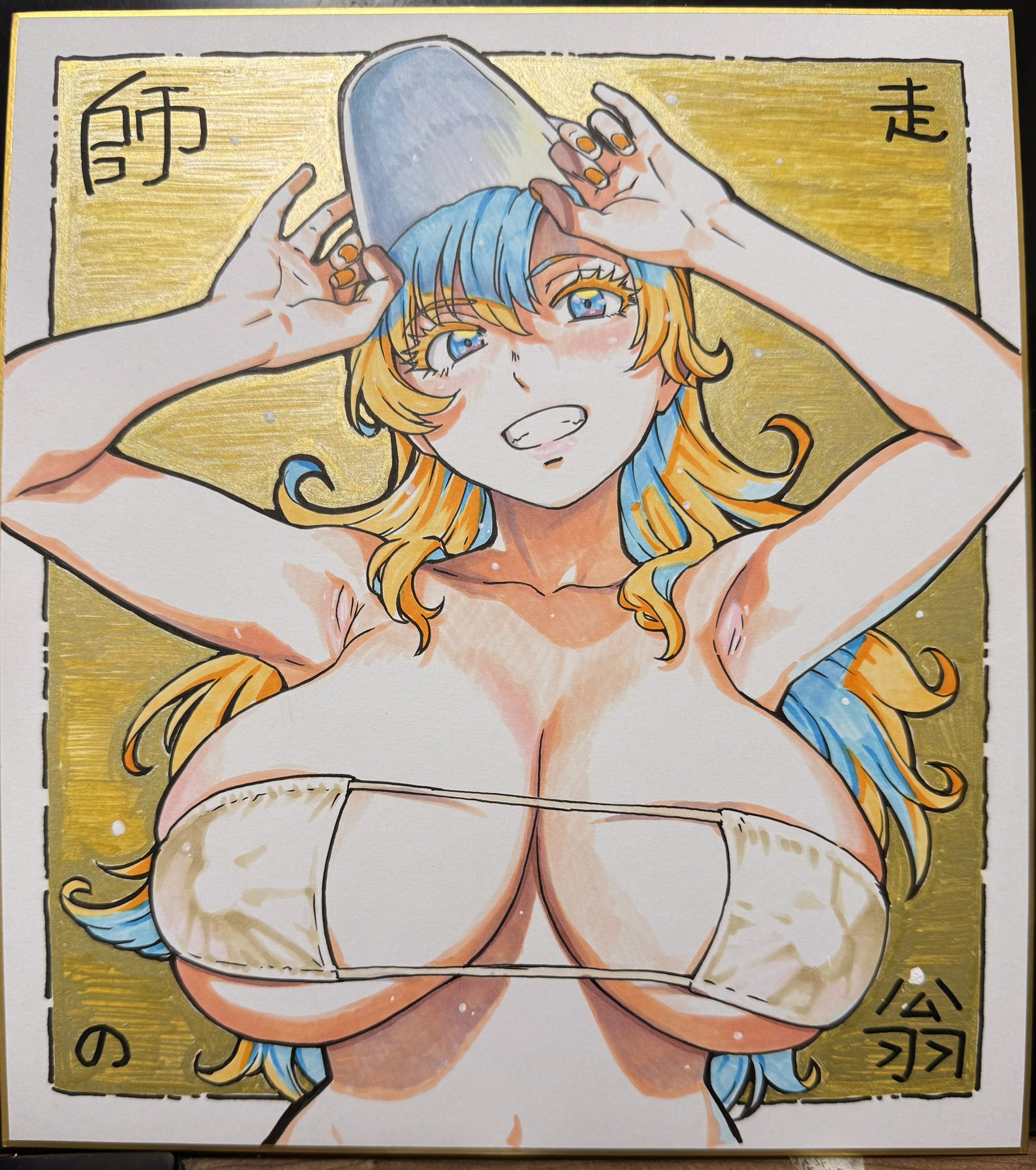 shiwasu no okina, suomi-sensei, nudist beach ni shuugakuryokou de!!, colorized, tagme, traditional media, 1girl, armpits, arms up, bare arms, bare shoulders, blonde hair, bra, breasts, cleavage, hat, huge breasts, large breasts, long hair, looking to the side, looking up, mouth hold, shaved armpits, shikishi, sign, signature, smile, solo, sun hat, teeth, teeth hold, underwear, wavy hair, white bra, yellow background