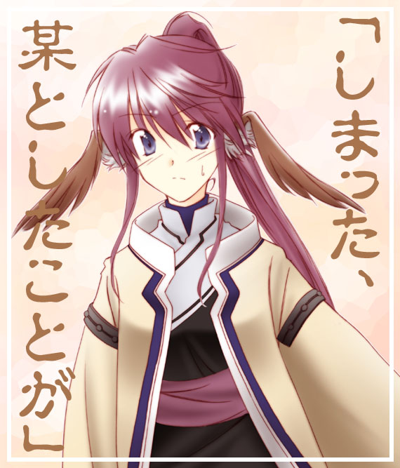 touka (utawarerumono), utawarerumono, 00s, 1girl, blue eyes, blush, female focus, head wings, long hair, ponytail, purple hair, solo, wings