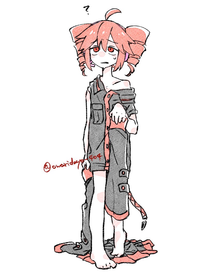 hato no mune wo momitai, kasane teto, kasane teto (utau), utau, 1girl, ?, ahoge, bare shoulders, black shirt, black skirt, closed mouth, detached sleeves, drill hair, frown, full body, headset, holding, holding unworn clothes, off shoulder, oversized clothes, raised eyebrows, red eyes, red hair, shirt, simple background, skirt, solo, sweatdrop, twin drills, twitter username, unworn skirt, unworn sleeves, walking, white background