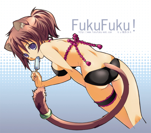 umetori uriri, lowres, 1girl, animal ears, bikini, black bikini, blue eyes, brown hair, cat ears, cat tail, female focus, food, looking back, popsicle, solo, swimsuit, tail