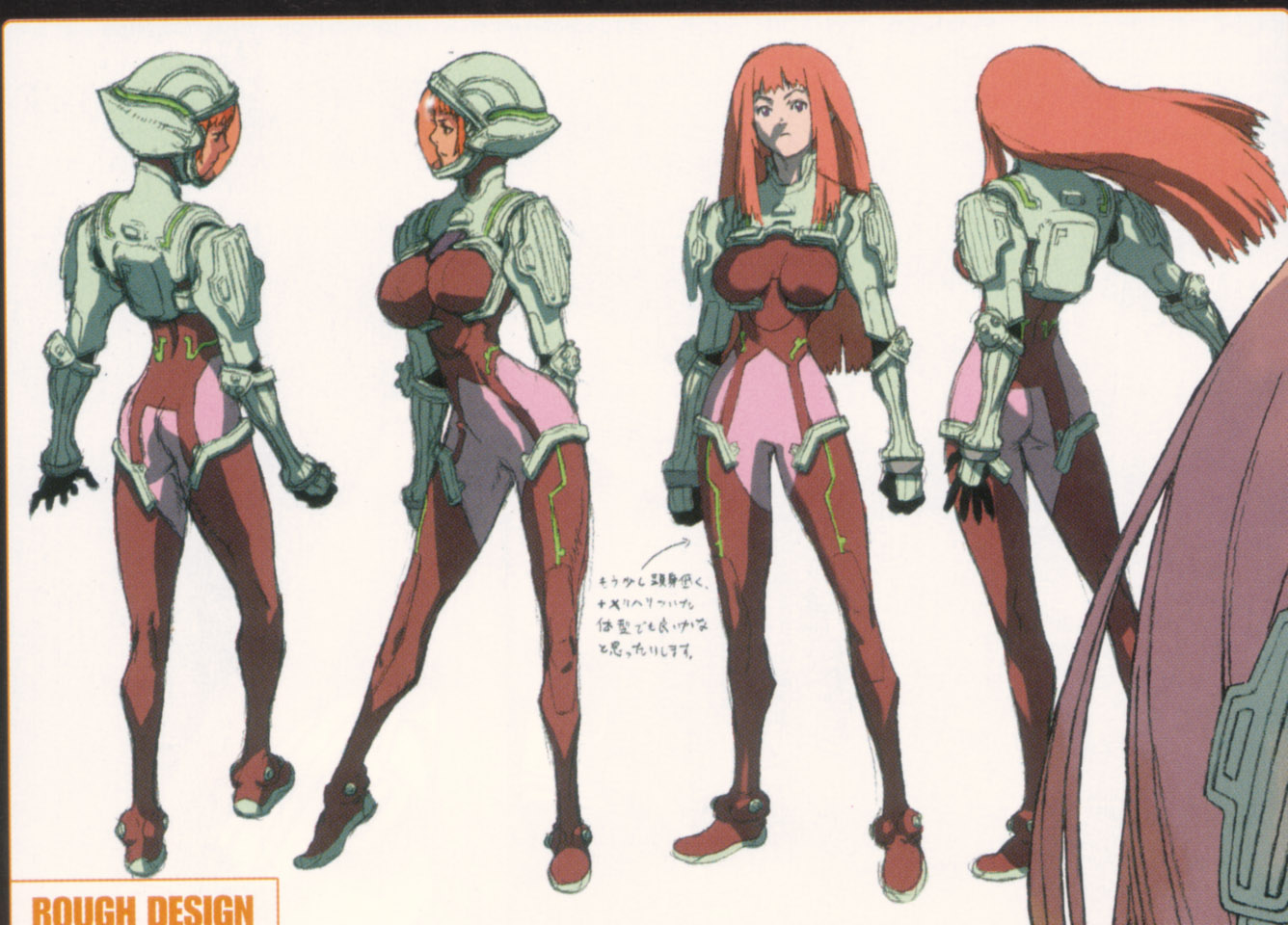 masao tsubasa, ken marinaris, zoe2, zone of the enders, zone of the enders 2, looking away, pilot suit, visor, official art, scan, 00s, 1girl, arched back, arm behind back, armor, arrow (symbol), ass, blunt bangs, bodysuit, breasts, english text, floating hair, from behind, helmet, large breasts, long hair, looking at viewer, multiple views, profile, purple eyes, red hair, reference sheet, sidelocks, simple background, sketch, standing, tiptoes, transparent, turnaround, white background