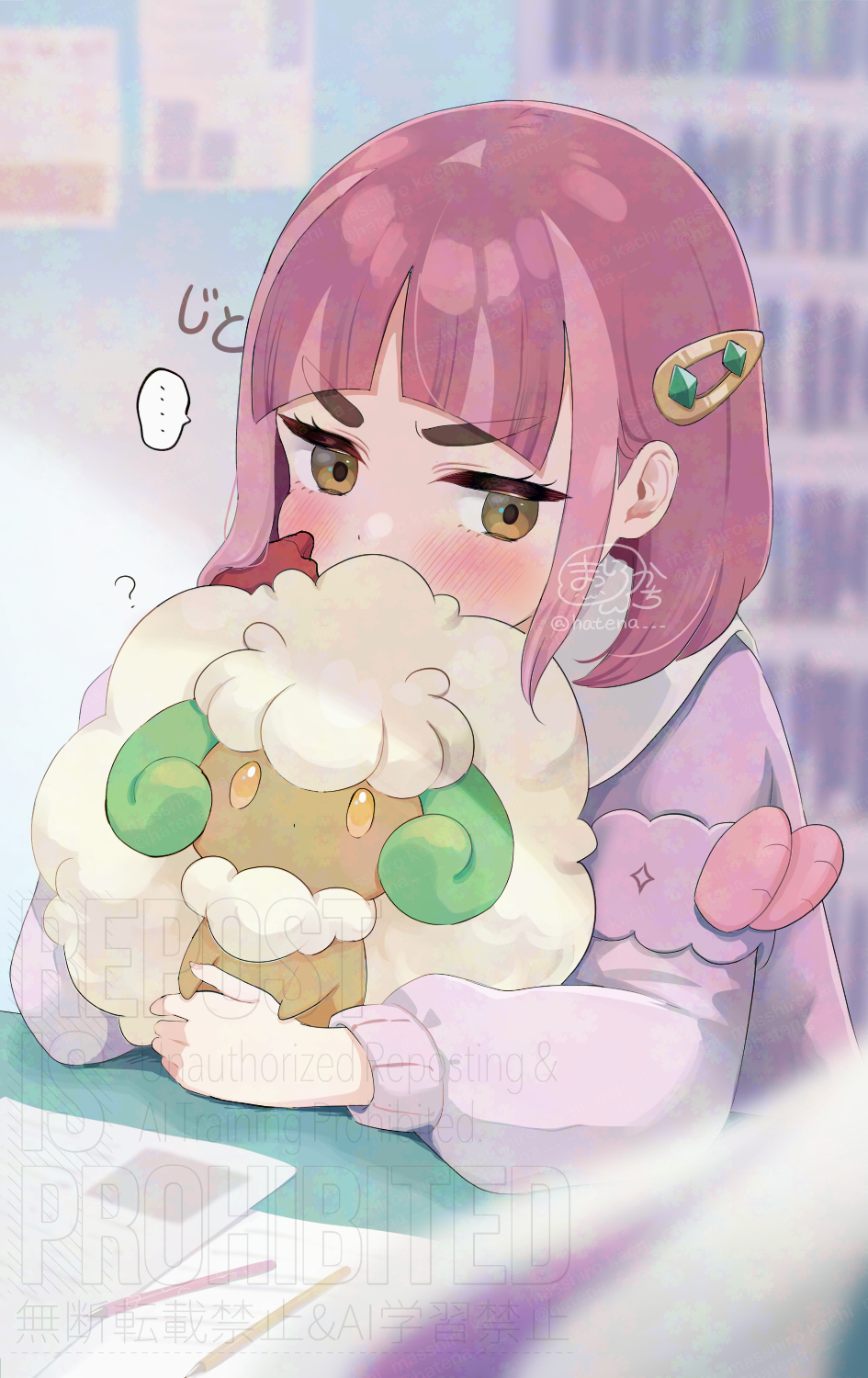 masshirokachi, lacey (pokemon), whimsicott, nintendo, pokemon, pokemon sv, adversarial noise, highres, …, 1girl, ?, arched bangs, blush, brown eyes, cardigan, cheek press, gen 5 pokemon, gloves, hair ornament, hairclip, indoors, long sleeves, pink cardigan, pink hair, pokemon (creature), red gloves, short hair, single glove, spoken ellipsis, twitter username, upper body, v-shaped eyebrows