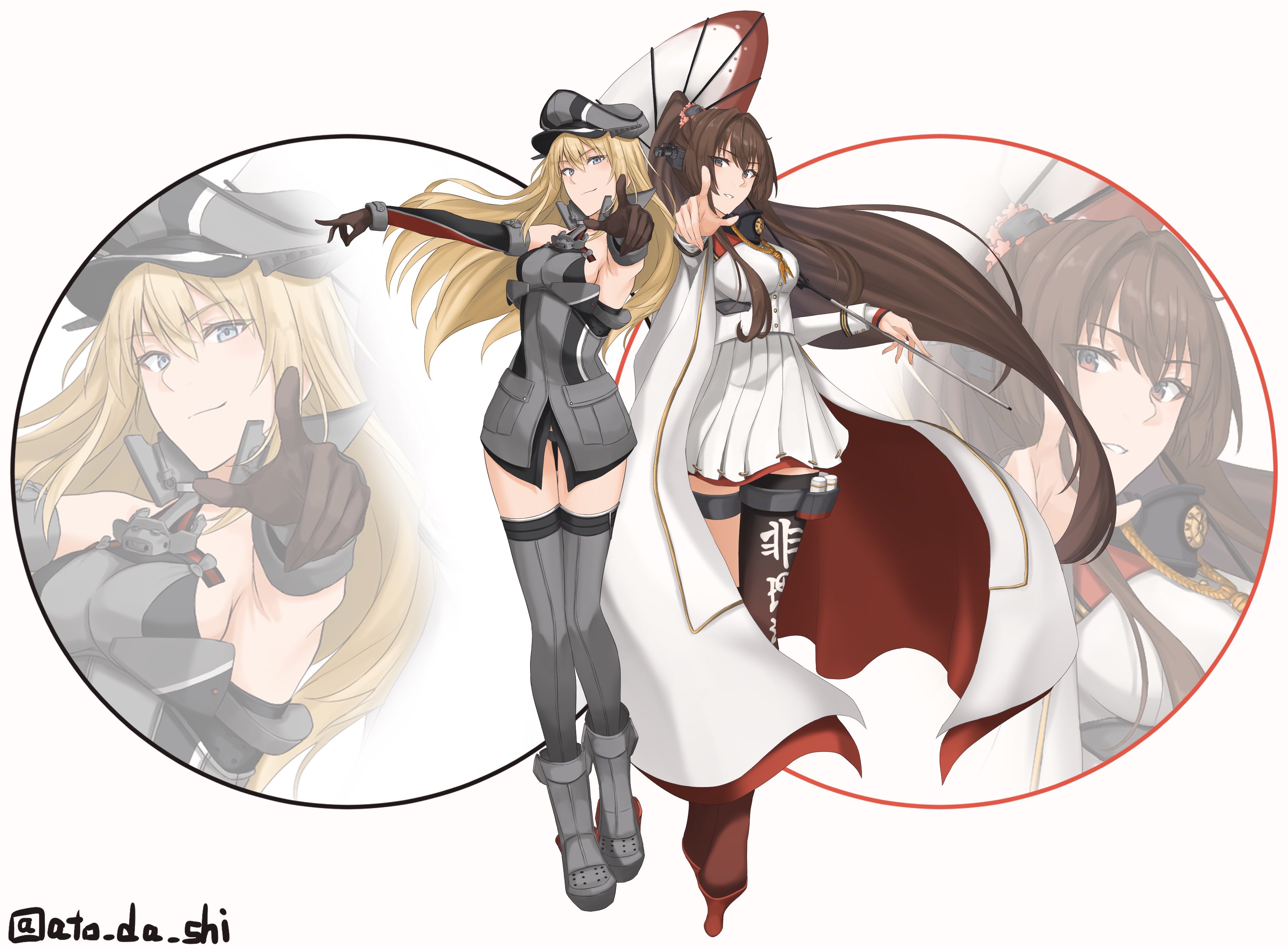 atodashi, bismarck (kancolle), yamato (kancolle), yamato kai ni (kancolle), kantai collection, absurdres, highres, 2girls, blonde hair, blue eyes, boots, breasts, brown hair, elbow gloves, full body, gloves, grey thighhighs, hat, japanese clothes, long hair, looking at viewer, medium breasts, military uniform, multiple girls, sleeveless, smile, standing, thighhighs, twitter username, umbrella, white background