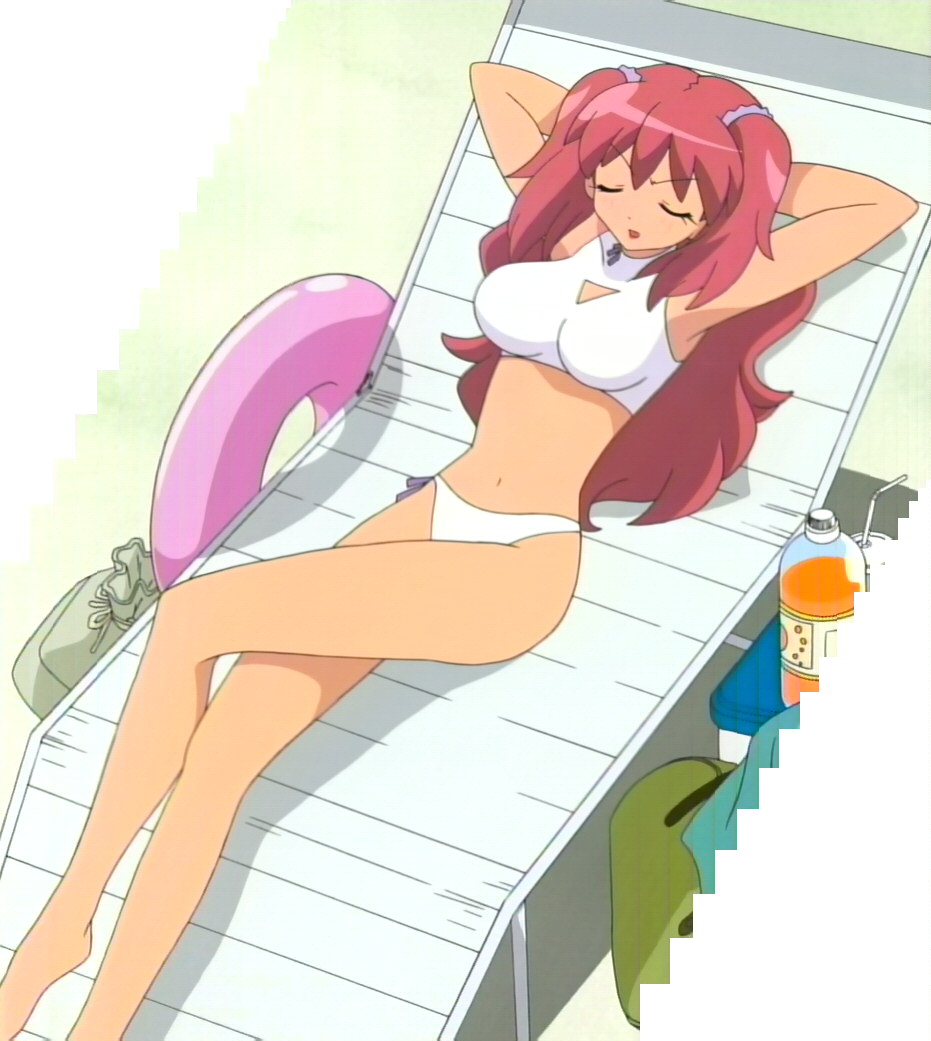 hinata natsumi, keroro gunsou, anime screenshot, 1girl, aged up, annoyed, armpits, arms behind head, arms up, bag, barefoot, beach, bikini, bottle, breasts, cleavage cutout, closed eyes, clothing cutout, cooler, crossed legs, drink, drinking straw, dutch angle, female focus, full body, halterneck, innertube, large breasts, legs, lipstick, long hair, long legs, lying, makeup, navel, on back, outdoors, parted lips, reclining, red hair, ribbon, side-tie bikini bottom, solo, sports bikini, sunbathing, swim ring, swimsuit, turtleneck, two side up, wavy hair, white bikini