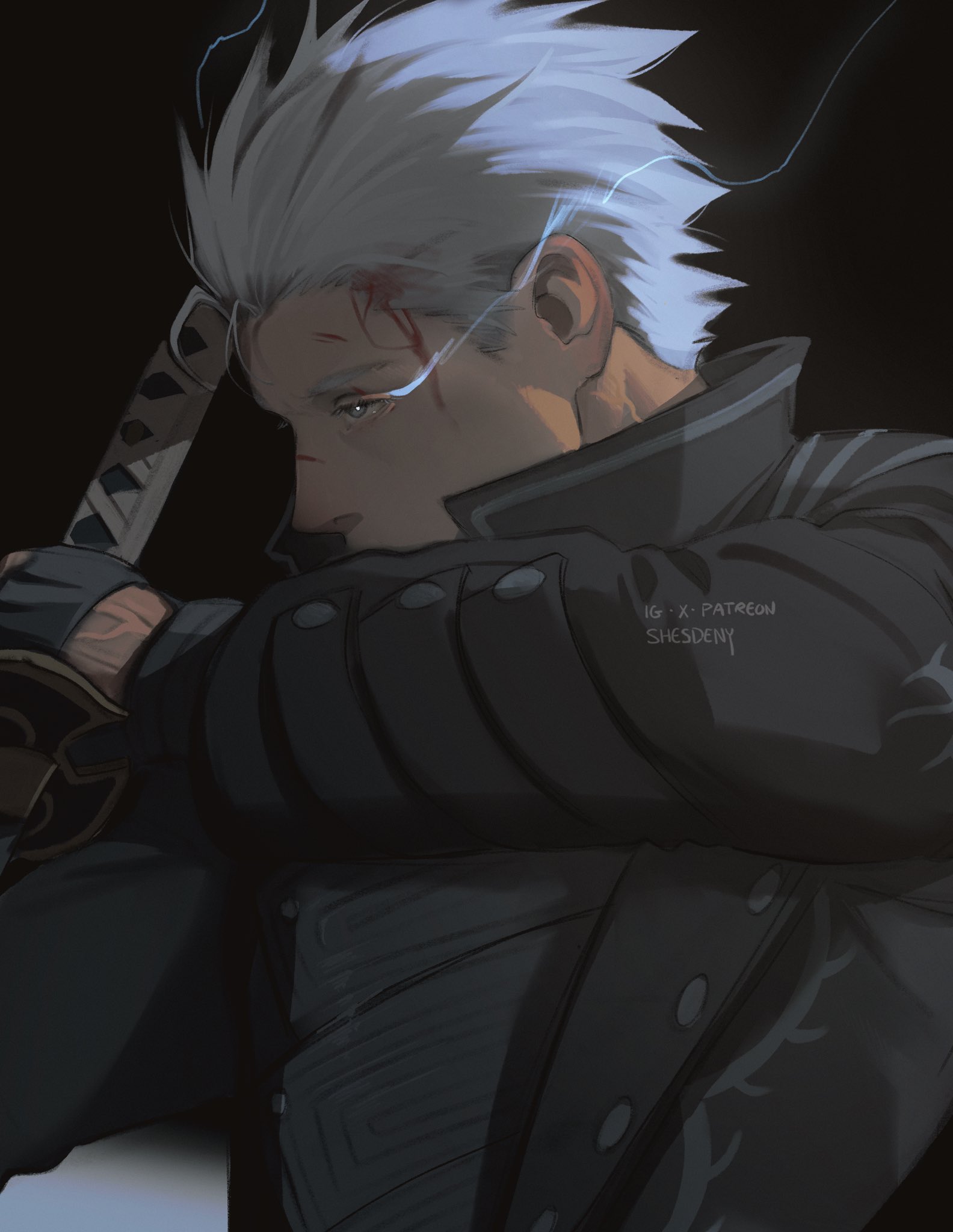 shesdeny, vergil (devil may cry), devil may cry (series), devil may cry 5, highres, 1boy, black coat, black gloves, blue eyes, coat, fingerless gloves, gloves, hair slicked back, holding, holding sword, holding weapon, katana, male focus, short hair, solo, sword, weapon, white hair, yamato (sword)
