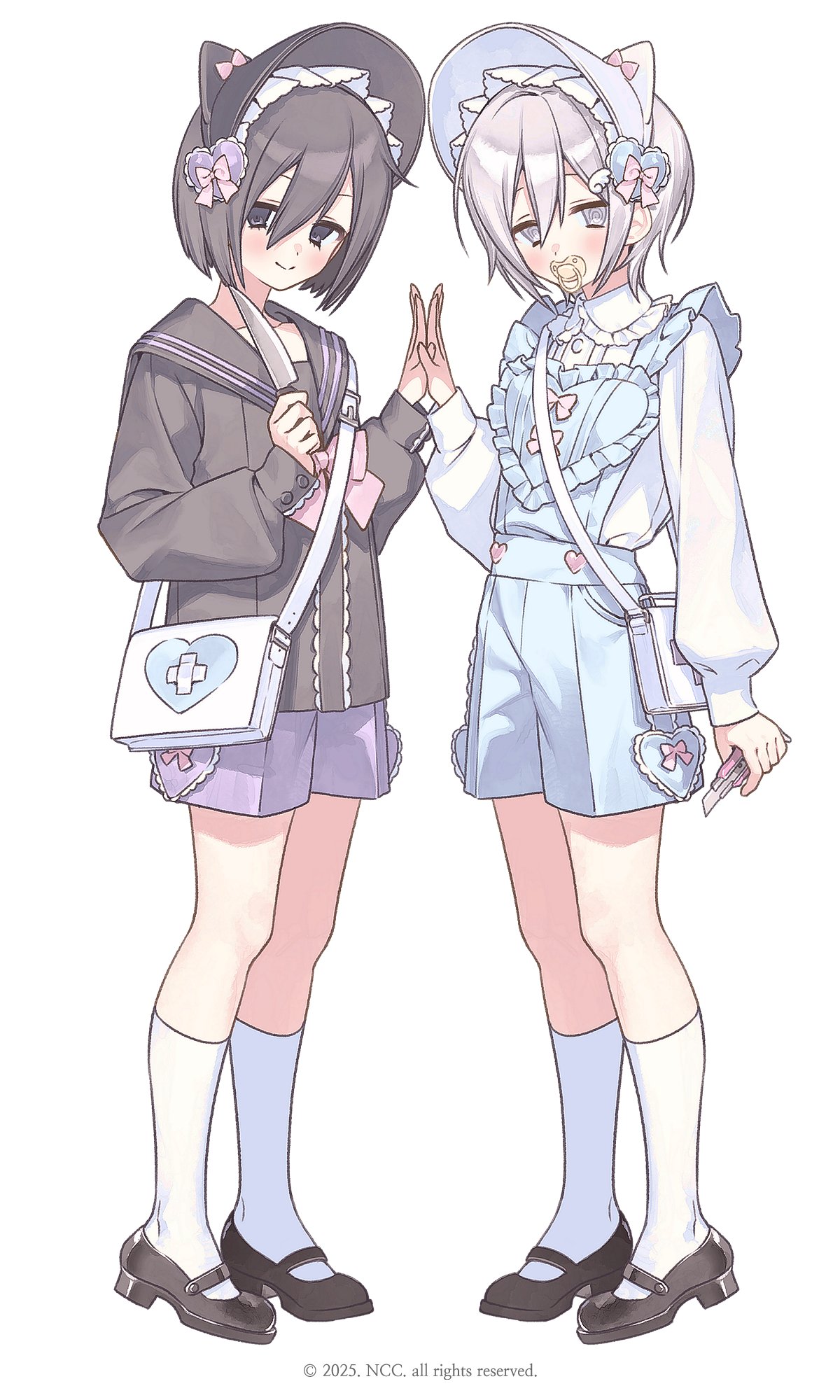 nagisa no cherii, original, highres, 2boys, @ @, animal ears, bag, black eyes, black hair, bob cut, bonnet, bow, bowtie, boxcutter, cat ears, fake animal ears, full body, hair ornament, heart pockets, holding, holding boxcutter, holding knife, knife, long sleeves, male focus, multiple boys, overall shorts, overalls, pacifier, sailor collar, shoulder bag, smile, socks, white eyes, white hair, wing hair ornament