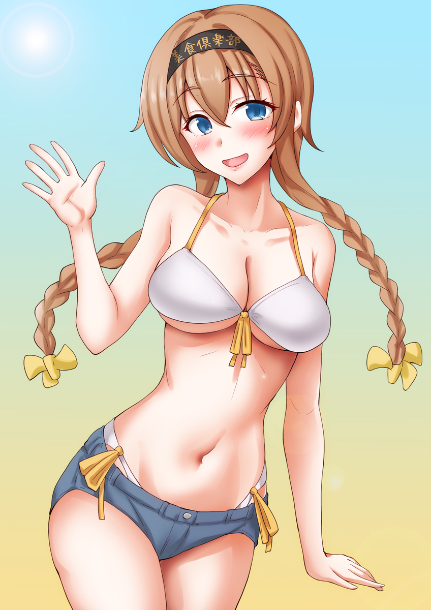 anti (untea9), teruzuki (kancolle), teruzuki (swimsuit) (kancolle), kantai collection, highres, 1girl, bikini, blue eyes, blush, braid, breasts, brown hair, cleavage, colorful background, cowboy shot, grey eyes, hachimaki, hair ornament, headband, large breasts, long hair, looking at viewer, official alternate costume, open mouth, propeller hair ornament, shorts, smile, solo, swimsuit, twin braids, white bikini, yellow background