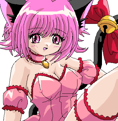 mew ichigo, momomiya ichigo, tokyo mew mew, lowres, 00s, 1girl, animal ears, arm garter, bell, bow, breasts, cat ears, cat tail, choker, cleavage, covered erect nipples, female focus, frilled thigh strap, jingle bell, large breasts, leotard, magical girl, nipples, oekaki, pink eyes, pink hair, short hair, solo, tail, tail bell, tail bow, tail ornament, thigh strap, thighs, transparent background