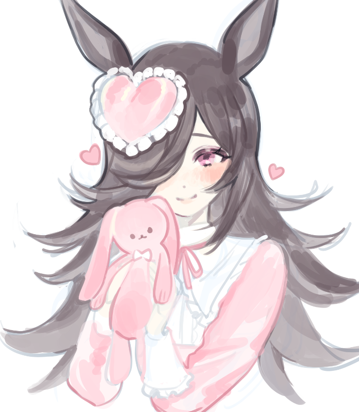 winnie (mekkeeyy), rice shower (umamusume), umamusume, commentary, english commentary, 1girl, animal ears, black hair, blush, closed mouth, cropped torso, frilled shirt collar, frills, hair ornament, hair over one eye, heart, heart hair ornament, holding, holding stuffed toy, horse ears, horse girl, long hair, long sleeves, pink eyes, sleeve cuffs, smile, solo, stuffed animal, stuffed rabbit, stuffed toy