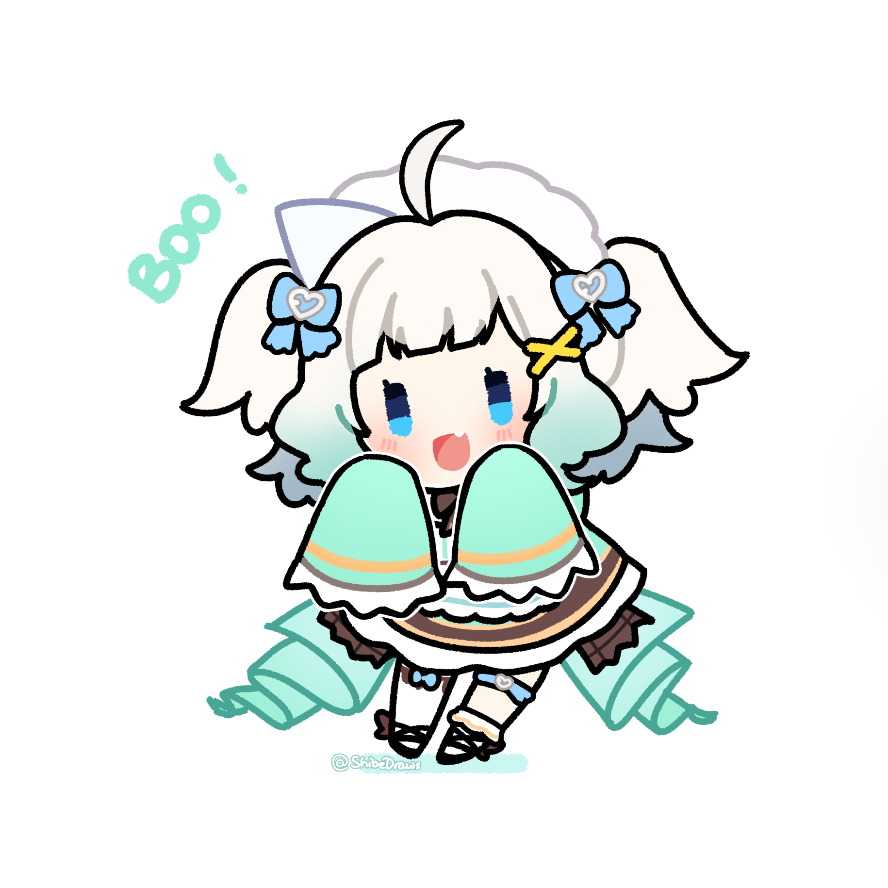shibedraws, mint fantome, indie virtual youtuber, commentary, highres, 1girl, :d, ahoge, asymmetrical legwear, black shoes, blue bow, blue eyes, blush, bow, chibi, dress, fang, full body, gradient hair, green dress, green hair, hair bow, hair ornament, heart, long sleeves, looking at viewer, maid, maid headdress, multicolored hair, open mouth, shoes, sleeves past fingers, sleeves past wrists, smile, socks, solo, twitter username, two side up, virtual youtuber, white hair, white socks, x hair ornament