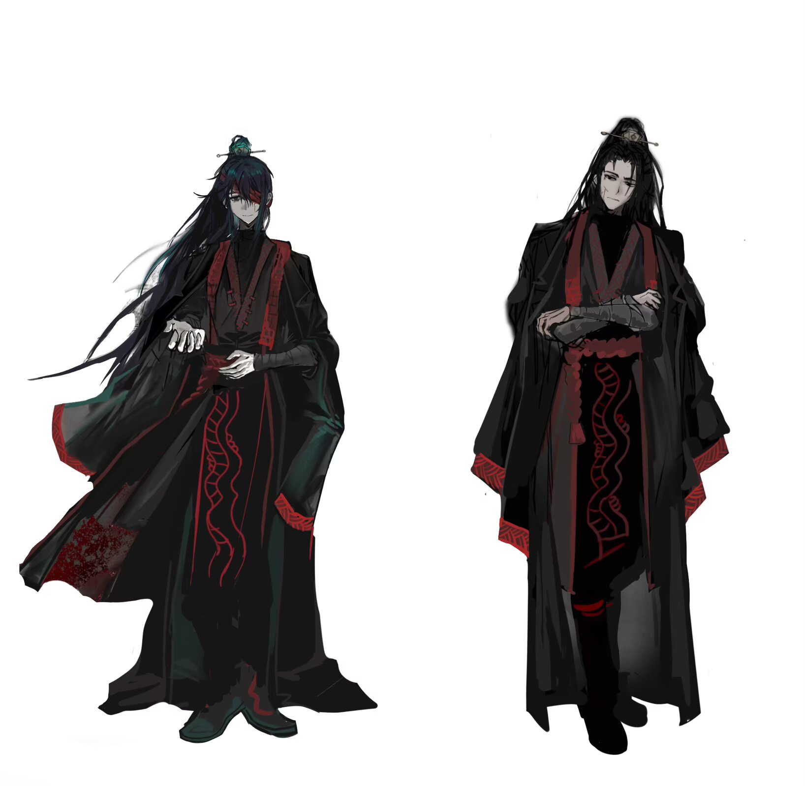 hong lu (project moon), jia qiu (project moon), limbus company, project moon, hashtag-only commentary, highres, 2boys, bandage over one eye, bandaged head, bandages, black eyes, black hair, black hanfu, black jacket, chinese clothes, comparison, cross scar, crossed arms, expressionless, family hierarch candidate (identity) (project moon), full body, hair ornament, hand on own stomach, hanfu, head tilt, high ponytail, jacket, jacket on shoulders, long hair, multiple boys, offering hand, official alternate costume, ponytail, red scarf, red trim, rope belt, scar, scar on face, scarf, simple background, standing, stole, very long hair, white background, zikzikzik