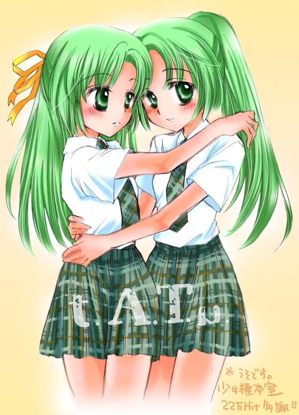 sonozaki mion, sonozaki shion, higurashi no naku koro ni, tatu, plaid neckwear, 2girls, blush, female focus, green eyes, green hair, half updo, long hair, matching hair/eyes, multiple girls, necktie, parody, plaid clothes, plaid skirt, shirt, short sleeves, siblings, sisters, skirt, twins, white shirt, yuri