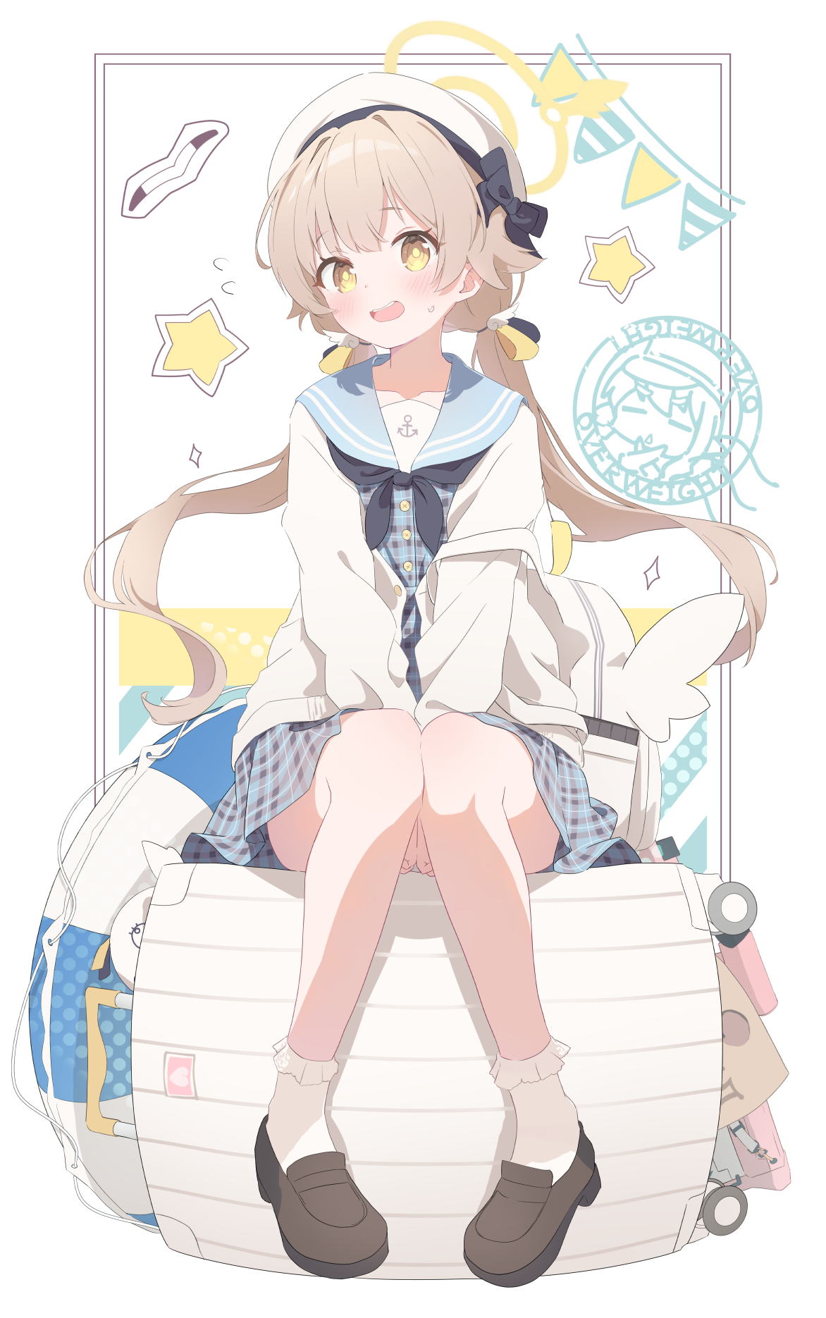 gaaratelier, hifumi (blue archive), blue archive, highres, 1girl, blush, brown hair, hair ornament, halo, hands on own thighs, hat, lifebuoy, open mouth, pleated skirt, school uniform, serafuku, sitting, skirt, star (symbol), swim ring, twintails, white hat, yellow eyes, yellow halo, yellow pupils