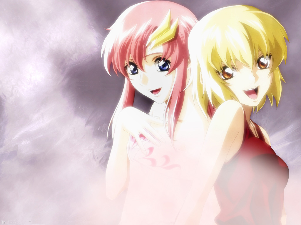 cagalli yula athha, lacus clyne, gundam, gundam seed, 00s, 2girls, :d, bare shoulders, blonde hair, blue eyes, brown eyes, dress, hair ornament, hairclip, hand on own chest, looking at viewer, multiple girls, open mouth, pink dress, pink hair, red dress, short hair, sleeveless, sleeveless dress, smile, teeth, upper body