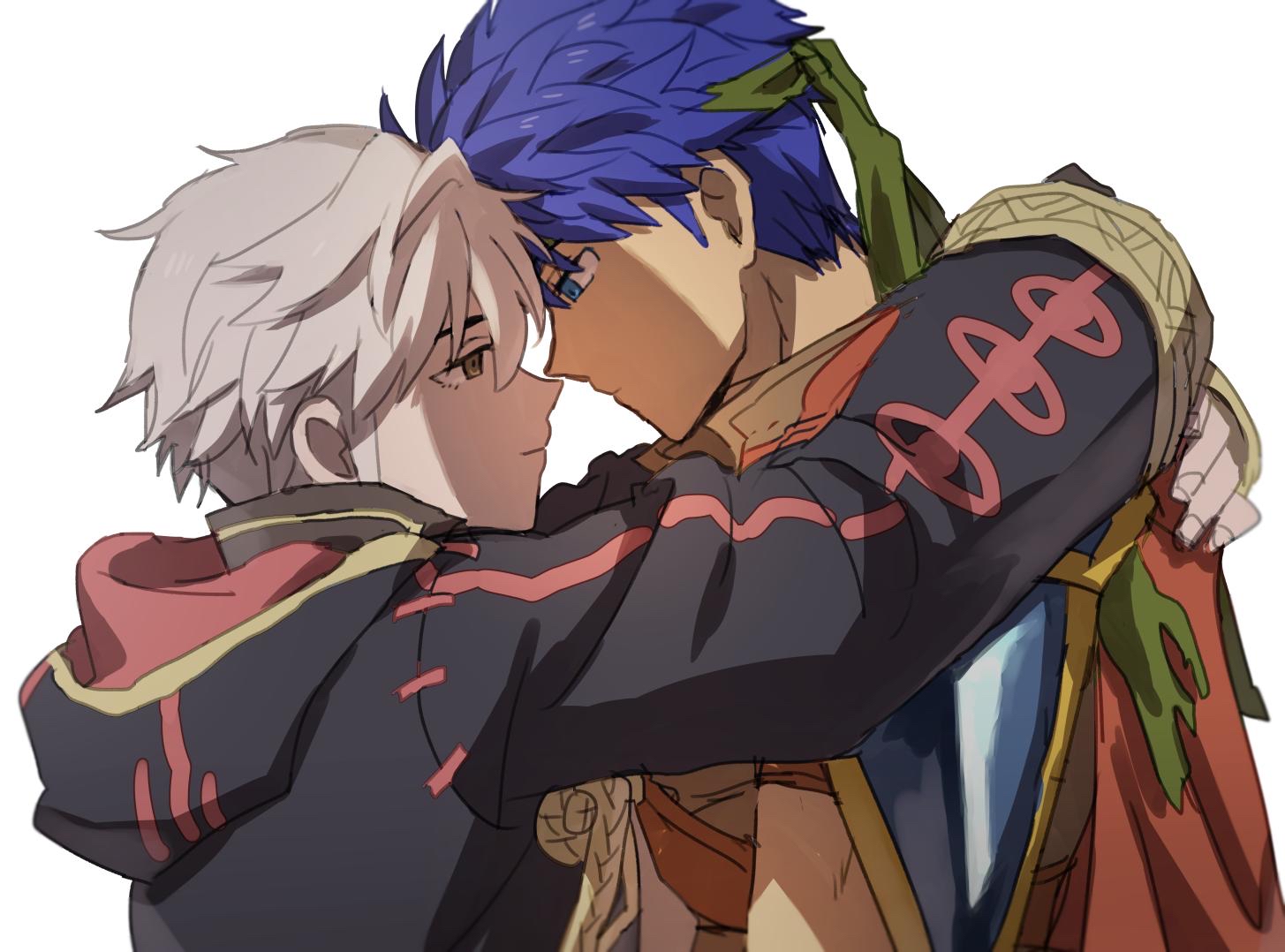 kometubu0712, ike (fire emblem), male robin (fire emblem), fire emblem, fire emblem: radiant dawn, fire emblem awakening, nintendo, 2boys, blue eyes, blue hair, face-to-face, grey hair, headband, hood, hood down, male focus, multiple boys, short hair, simple background, upper body, white background, yaoi