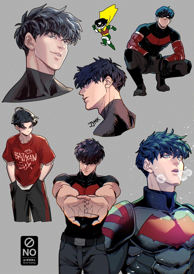 jjmk-jjmk, batman, jason todd, red hood (dc), robin (dc), batman (series), dc comics, bat signal, batman symbol, black bodysuit, black gloves, black hair, blue eyes, bodysuit, cape, domino mask, gloves, grey bodysuit, male focus, mask, multiple boys, muscular, muscular male, pants, red hood and the outlaws, short hair, superhero costume, taut bodysuit, two-tone bodysuit, yellow cape