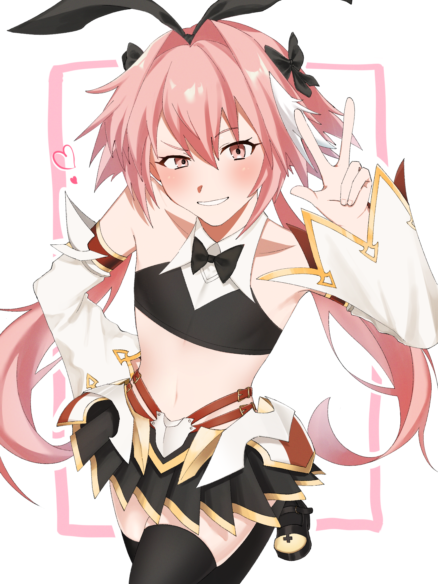 astolfo (fate), astolfo (saber) (fate), astolfo (saber) (first ascension) (fate), fate/grand order, fate (series), highres, 1boy, animal ear hairband, animal ears, black bow, black bowtie, black shoes, black skirt, black thighhighs, black tube top, bow, bowtie, cowboy shot, crossdressing, crossdressing (mtf), detached sleeves, fake animal ears, hair bow, hair intakes, hairband, heart, long hair, male focus, midriff, miniskirt, multiple hair bows, navel, pink hair, pleated skirt, purple eyes, rabbit ear hairband, rabbit ears, shoes, single hair streak, skirt, smile, solo, standing, standing on one leg, strapless, thighhighs, traditional bowtie, trap, tube top, twintails, user pdsk2548, v, very long hair, white background, white hair, white sleeves, zettai ryouiki