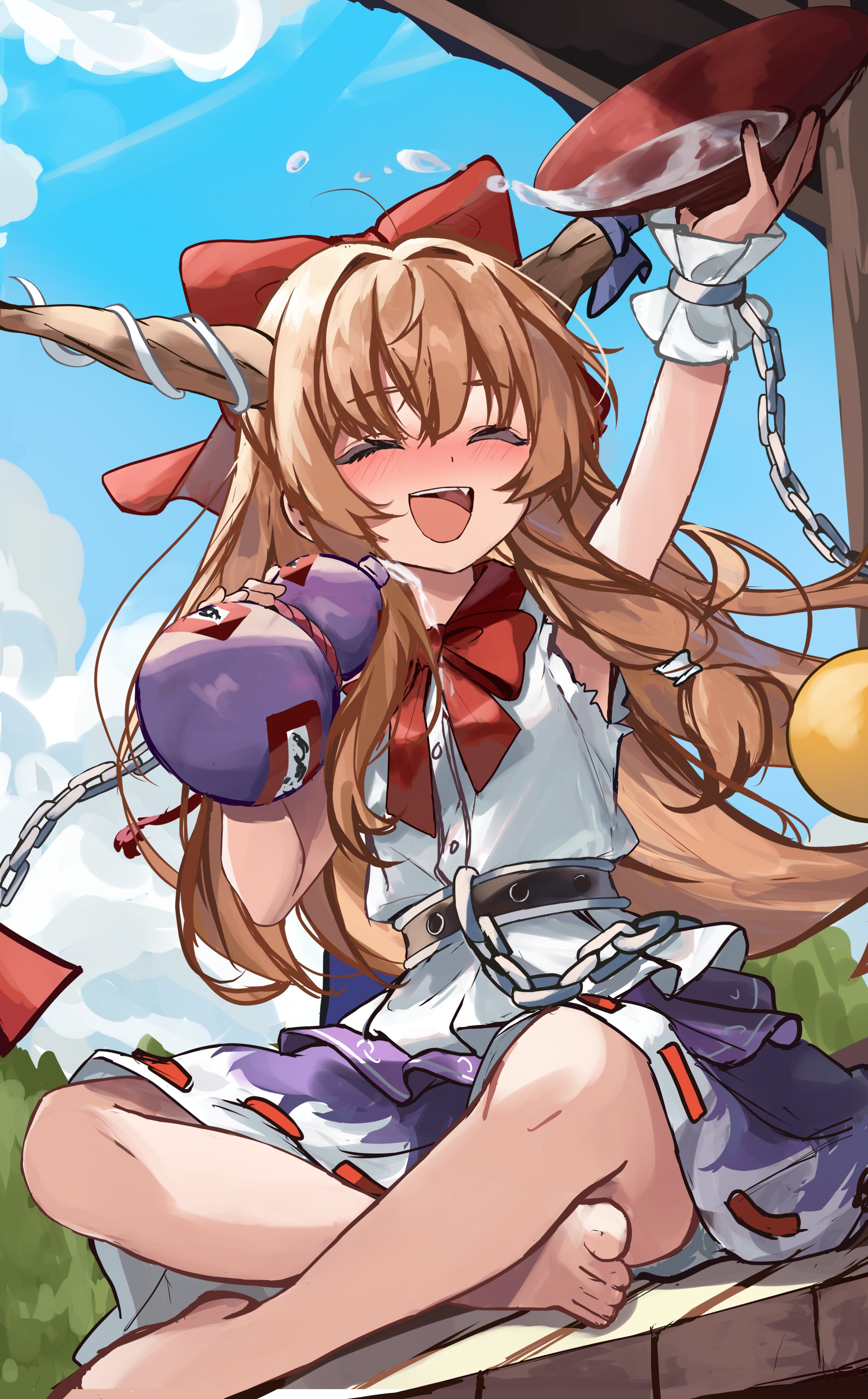 orchid (orukido), ibuki suika, touhou, absurdres, highres, 1girl, :d, ^ ^, arm up, barefoot, blonde hair, blue ribbon, blue sky, blush, bow, bowtie, chain, closed eyes, cloud, cuffs, cup, dutch angle, fang, gourd, hair ribbon, holding, holding cup, holding gourd, horn ornament, horn ribbon, horns, indian style, long hair, open mouth, purple skirt, red bow, red bowtie, red ribbon, ribbon, ribbon-trimmed skirt, ribbon trim, sakazuki, shirt, sitting, skirt, sky, sleeveless, sleeveless shirt, smile, solo, torn clothes, torn sleeves, very long hair, white shirt