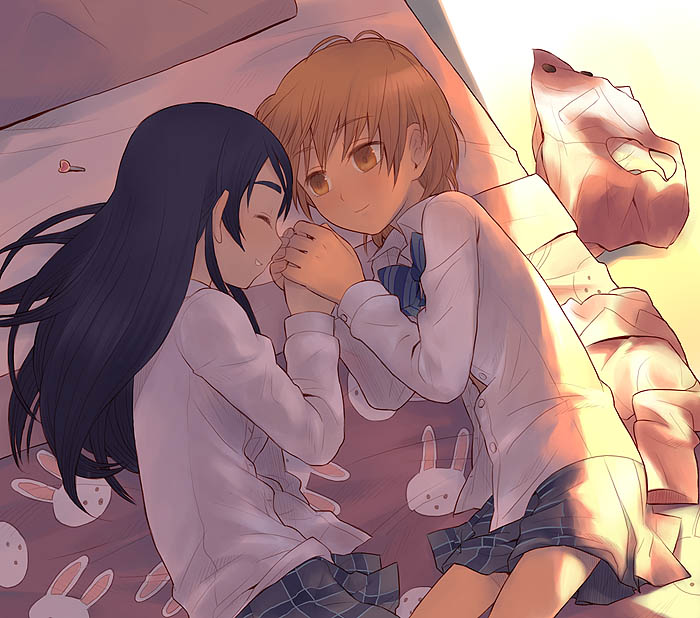 minakata sunao, misumi nagisa, yukishiro honoka, futari wa precure, precure, 00s, 2girls, bed, clothes on floor, happy, holding hands, multiple girls, open clothes, open shirt, shirt, smile, yuri
