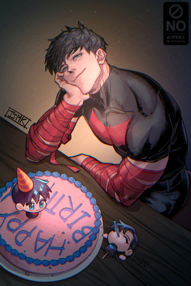 jjmk-jjmk, batman, jason todd, nightwing, red hood (dc), batman (series), dc comics, highres, 1boy, bat signal, batman symbol, birthday cake, black hair, blue eyes, cake, cameo, food, male focus, muscular, muscular male, red hood and the outlaws, shirt, short hair, superhero costume, t-shirt