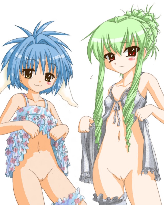 mint blancmanche, vanilla h, broccoli (company), galaxy angel, artist request, 00s, 2girls, :3, animal ears, blue skirt, blush, blush stickers, bottomless, breasts, clothes lift, flat chest, frilled thigh strap, green hair, lifting own clothes, lingerie, loli, looking at viewer, multiple girls, navel, no panties, pussy, shirt lift, simple background, skirt, skirt lift, small breasts, smile, standing, thigh strap, uncensored, underwear, white background