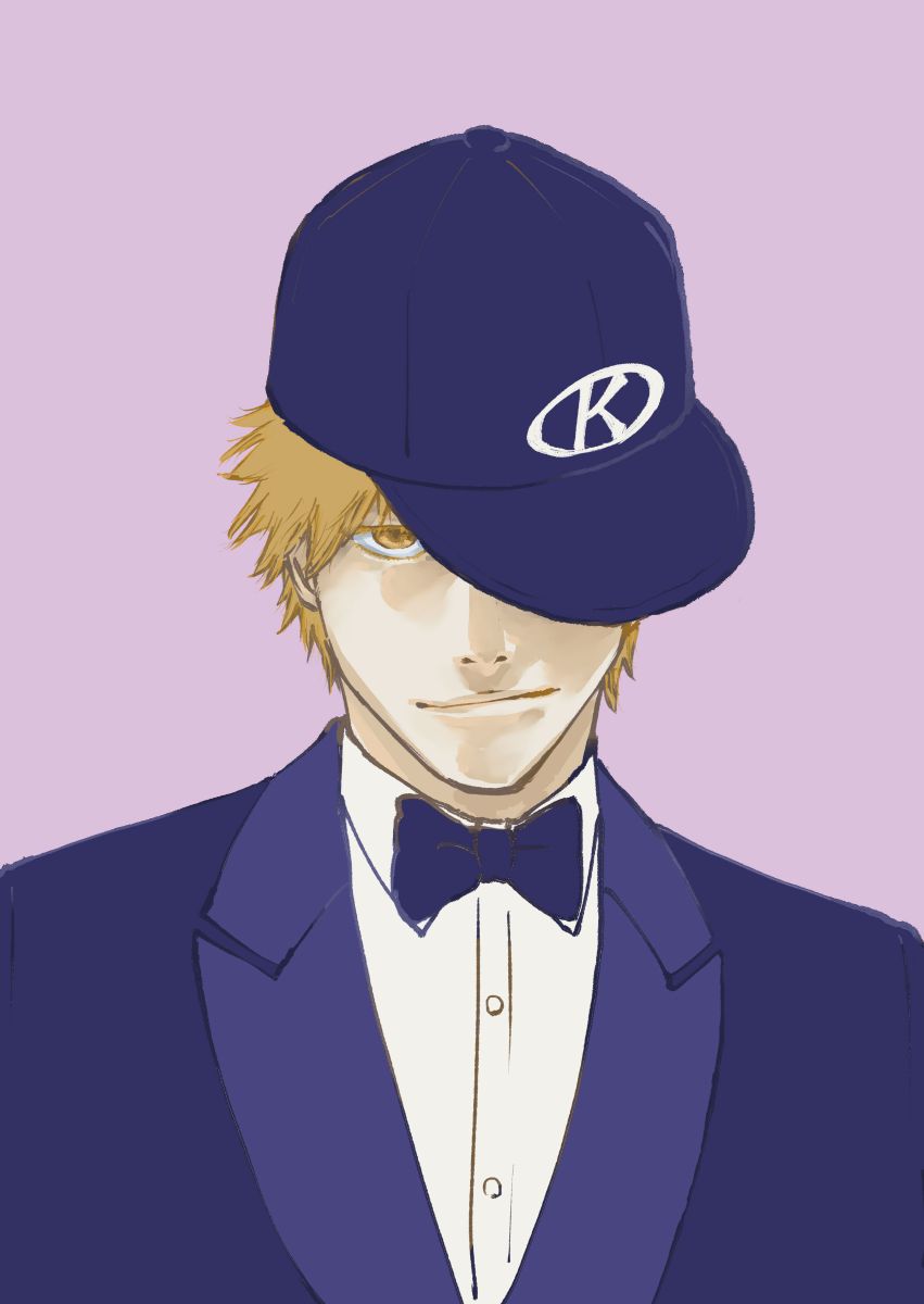 kubo tite, kurosaki ichigo, bleach, bleach: sennen kessen-hen, commentary, official art, 1boy, baseball cap, bow, bowtie, brown eyes, closed mouth, hat, looking at viewer, male focus, orange hair, simple background, tuxedo, upper body