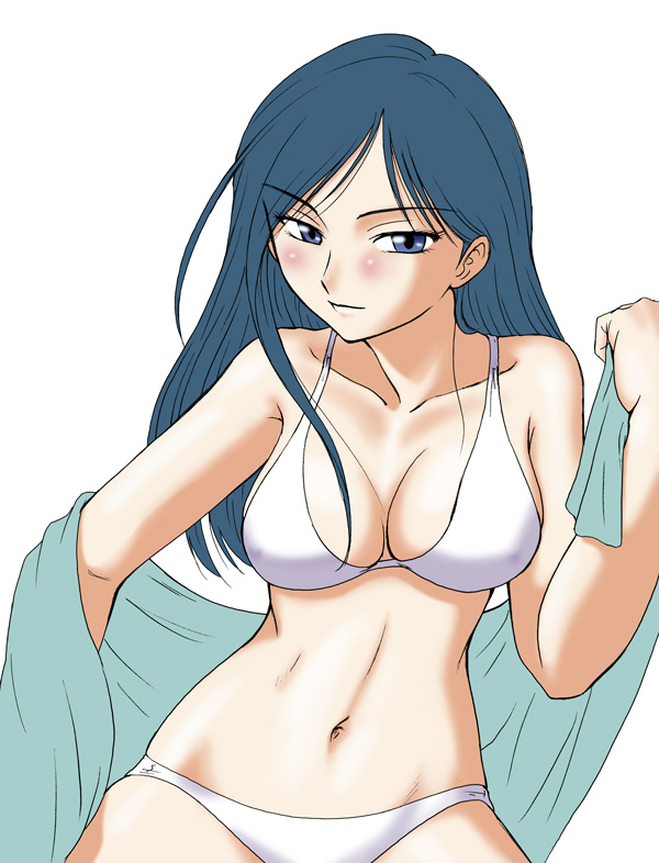 misnon the great, ogasawara sachiko, maria-sama ga miteru, 00s, 1girl, bikini, bra, breasts, female focus, lingerie, panties, simple background, solo, swimsuit, towel, underwear, white bikini