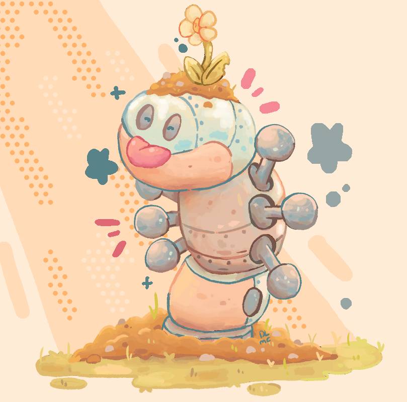 darkylights, orthworm, nintendo, pokemon, commentary, alternate color, closed mouth, flower, flower on head, grass, metal skin, no humans, pokemon (creature), pokemon focus, shiny pokemon, soil, solo, star (symbol), tongue, tongue out, white flower