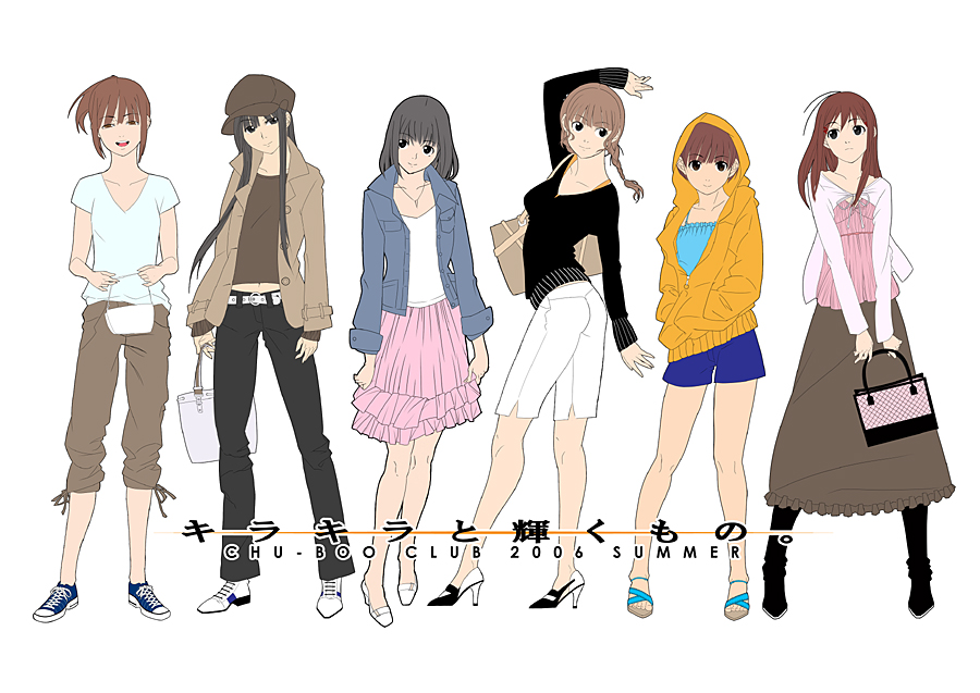 araki yuuya, futami eriko, hoshino yuumi, mizusawa mao, sakino asuka, satonaka narumi, shijou mitsuki, converse, kimi kiss, 6+girls, bag, belt, black hair, braid, brown eyes, brown hair, casual, denim, dress, fashion, full body, handbag, hands in pockets, hat, high heels, hood, hoodie, jacket, jewelry, long hair, long sleeves, looking at viewer, multiple girls, navel, necklace, open clothes, open jacket, open mouth, red hair, sandals, shirt, shoes, short hair, shorts, sidelocks, simple background, single braid, skirt, smile, sneakers, standing, sweater, toes, very long hair, wedge heels, white background
