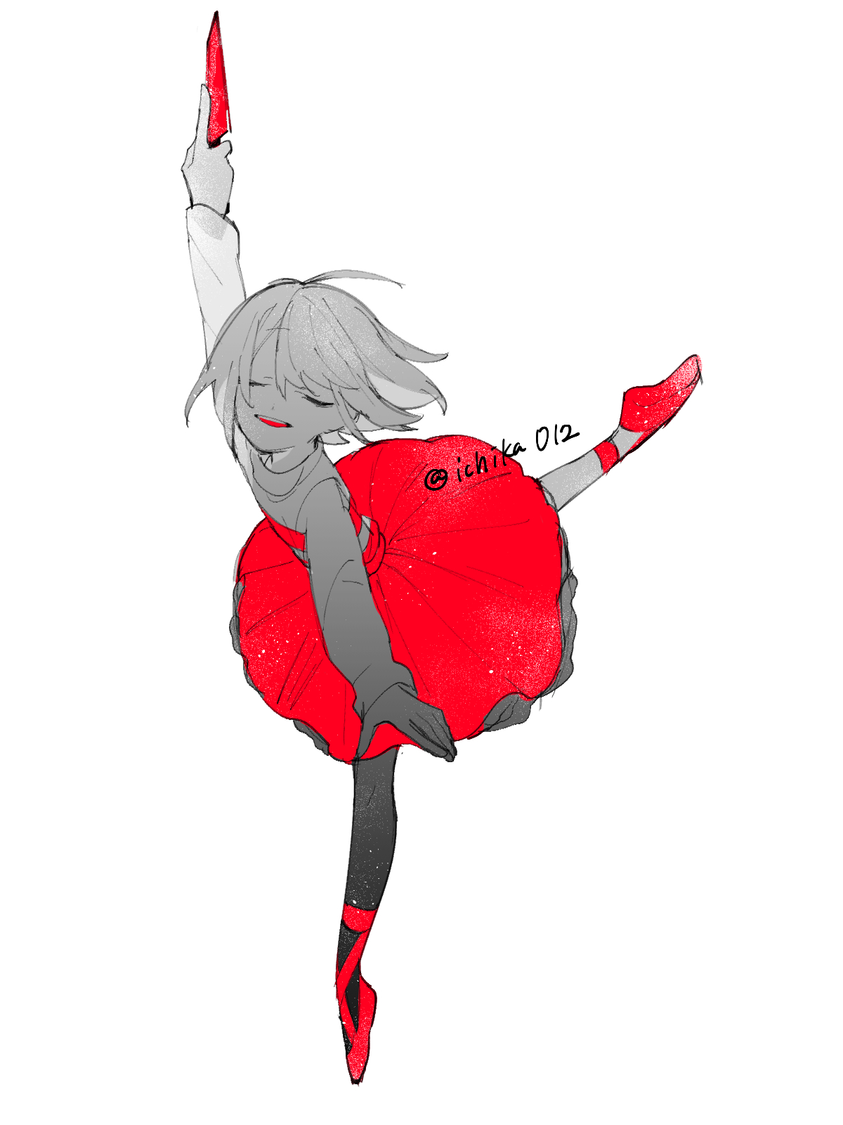 ichika012, frisk (undertale), undertale, utdr (toby fox), highres, 1other, :d, ahoge, arm up, ballerina, bob cut, closed eyes, facing viewer, full body, holding, holding knife, knife, light particles, medium skirt, open mouth, other focus, outstretched arms, partially colored, red shoes, red skirt, red sweater, shoes, short hair, simple background, skirt, smile, solo, standing, standing on one leg, striped clothes, striped sweater, sweater, teeth, tiptoes, tutu, twitter username, two-tone sweater, u u, upper teeth only, white background, wind