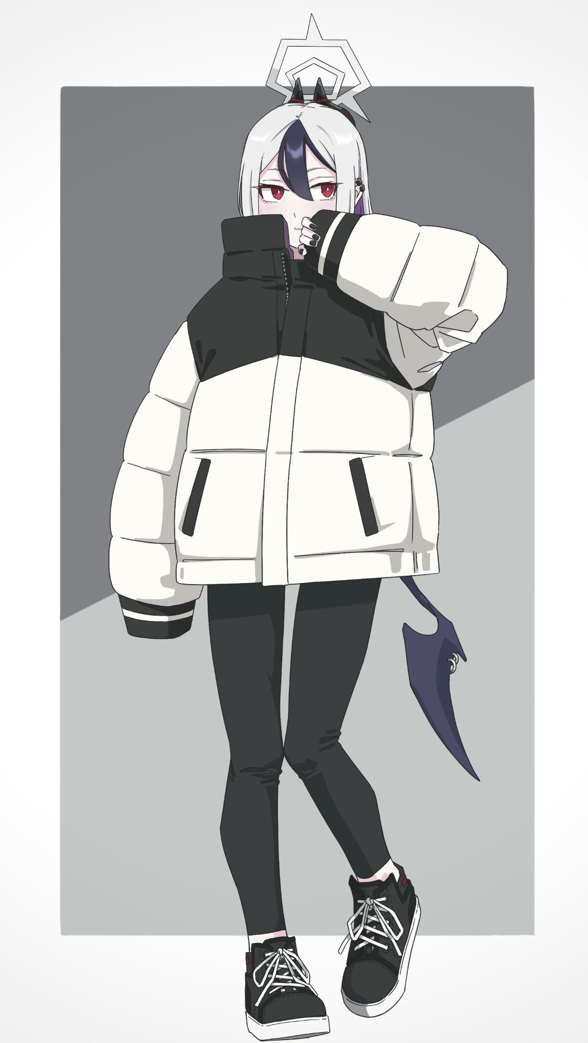 vividnatadecoco, kayoko (blue archive), blue archive, highres, 1girl, black hair, black nails, black pants, coat, earrings, full body, grey background, halo, jewelry, long hair, looking at viewer, multicolored hair, nail polish, pants, red eyes, shoes, solo, two-tone hair, white hair, winter clothes, winter coat, winter uniform