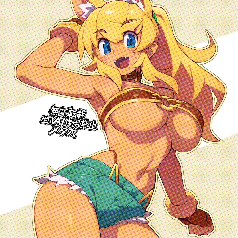 metata, liru, renkin san-kyuu magical pokaan, 1girl, animal ears, arm up, armpits, belt bra, blonde hair, blue eyes, bracelet, breasts, covered erect nipples, cowboy shot, dark-skinned female, dark skin, denim, denim shorts, extra ears, facial mark, fangs, fingerless gloves, gloves, jewelry, large breasts, looking at viewer, navel, o-ring, o-ring top, open mouth, ponytail, shorts, sidelocks, solo, studded bracelet, underboob, whisker markings, wolf ears, wolf girl