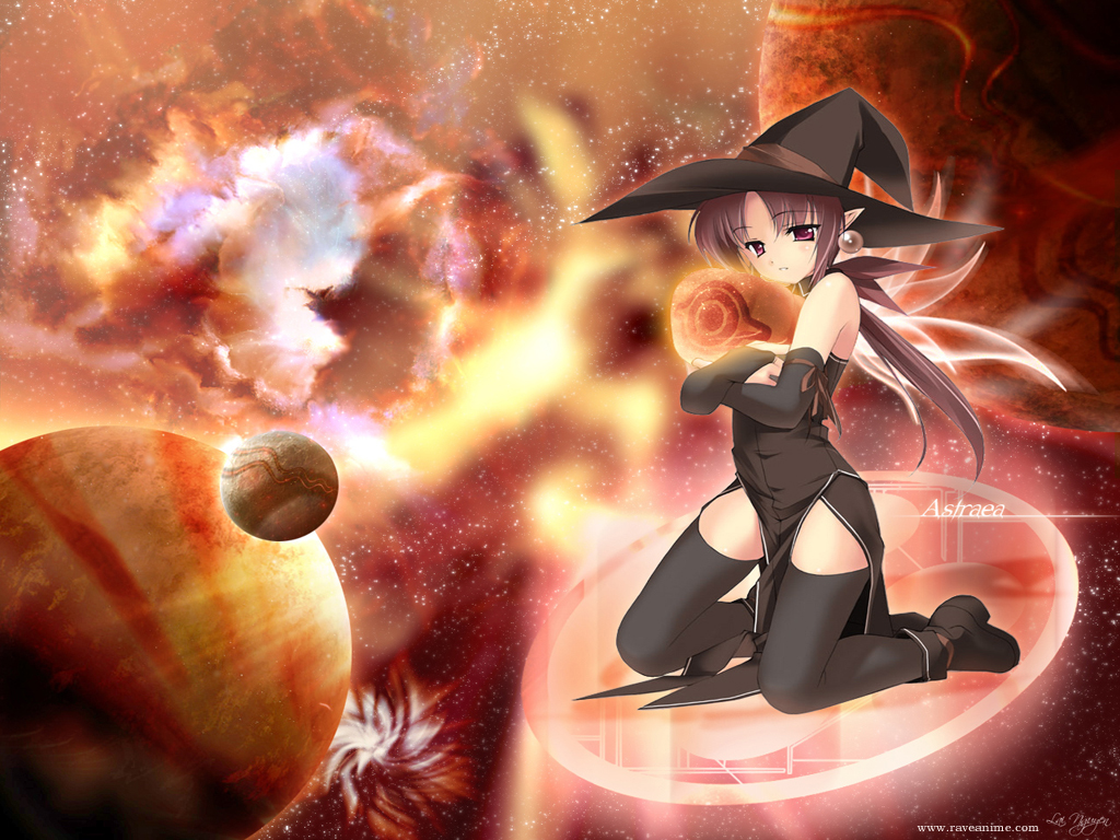 rokuwata tomoe, angelan, virtual on, 1girl, ankle boots, black thighhighs, boots, elf, female focus, hat, kneeling, long hair, planet, pointy ears, ponytail, purple eyes, purple hair, solo, space, thighhighs, witch, witch hat