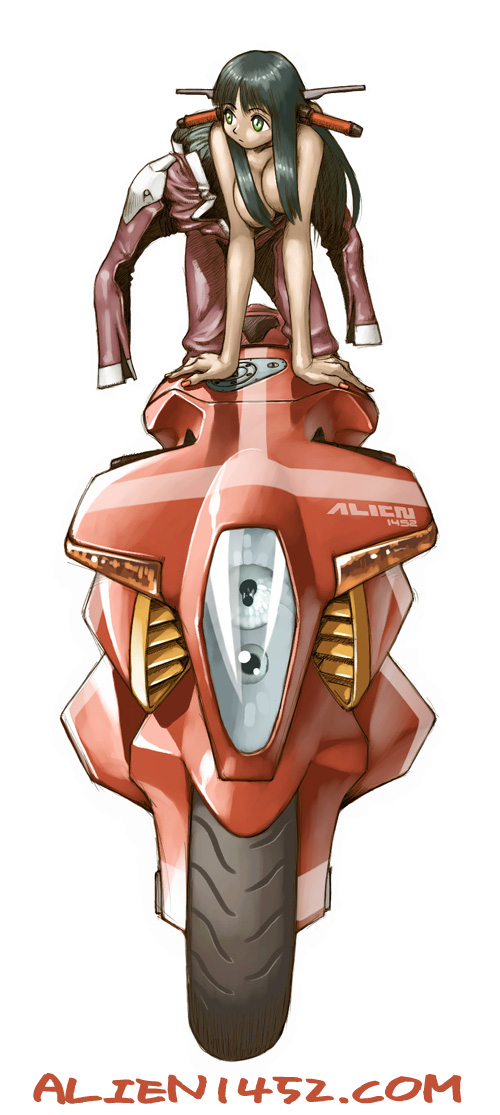 alien1452, bike-tan, original, vehicle, 1girl, black hair, breasts, female focus, green eyes, long hair, medium breasts, motor vehicle, motorcycle, nail polish, simple background, solo