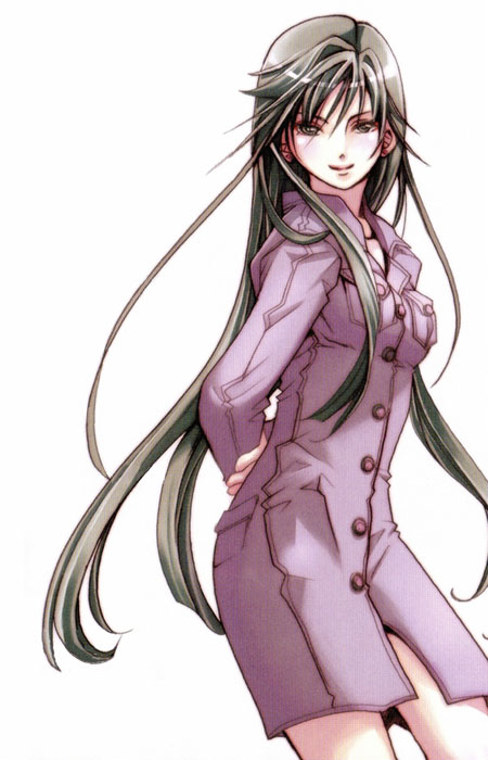 amano kozue, akira ferrari, aria (manga), official art, 00s, 1girl, arms behind back, black hair, brown eyes, coat, female focus, long hair, simple background, smile, solo, white background