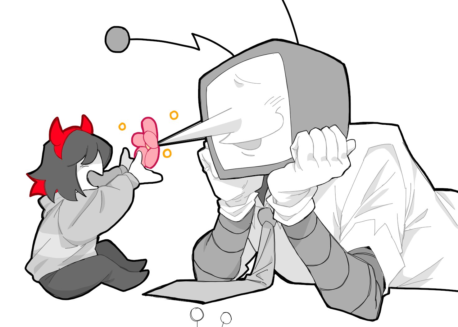 ant tenna, kris (deltarune), deltarune, utdr (toby fox), commentary, english commentary, 1boy, 1other, antennae, blush, chekrow, clothed robot, crt, fake horns, flower, gloves, greyscale, hands on own head, horn hairband, horns, humanoid robot, long nose, lying, monochrome, necktie, object head, on stomach, pants, pointy nose, red horns, robot, shirt, short hair, sitting, smile, spot color, sweater