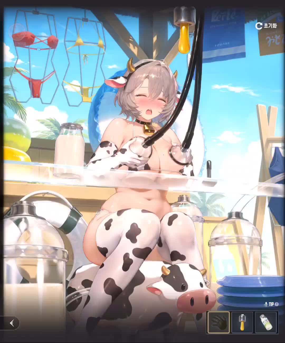 teresse (brown dust), brown dust (series), brown dust 2, animated, official art, sound, tagme, video, 1girl, animal ears, animal print, bell, bikini, blue eyes, blush, bouncing belly, bouncing breasts, bouncing thighs, breasts, cameltoe, cow ears, cow girl, cow horns, cow print, cow print bikini, cow print gloves, cow print thighhighs, cowbell, elbow gloves, gloves, grey hair, heart, high heels, horns, huge breasts, looking at viewer, milk, milking machine, mole, mole on breast, navel, open mouth, partially visible vulva, print bikini, print gloves, print thighhighs, sitting, solo, strap pull, swimsuit, thick thighs, thighhighs, thighs, tongue, tongue out, wedgie, wide hips