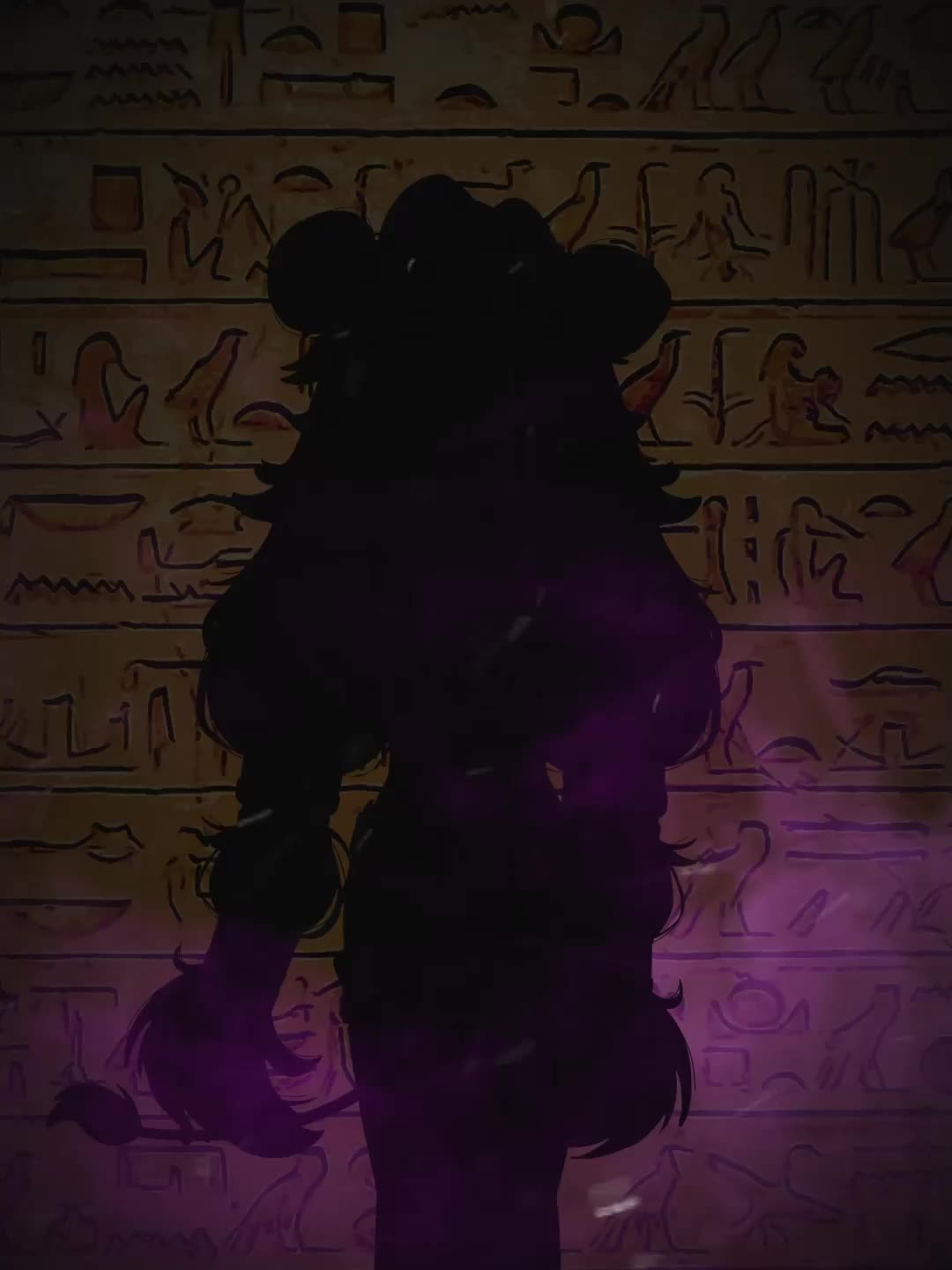 dudul, muu muyu, phase connect, animated, sound, tagme, video, 1girl, ancient egyptian clothes, animal ears, blush, cow ears, cow tail, double bun, earrings, egyptian trend (meme), hair bun, horns, jewelry, looking at viewer, navel, pink eyes, purple hair, solo, standing, tail, usekh collar, virtual youtuber
