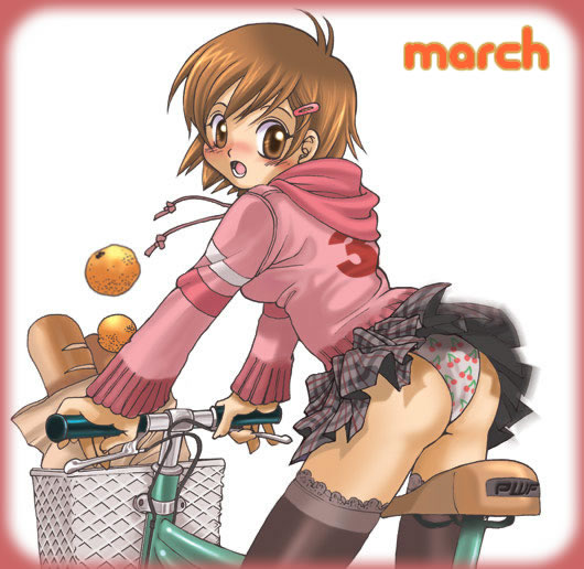 purpleworm, original, lace-trimmed legwear, 1girl, :o, back, bag, basket, bicycle, black thighhighs, blood, blush, border, bread, brown eyes, brown hair, cherry panties, cherry print, clothes writing, female focus, food, food print, from behind, fruit, fruit print, groceries, hair ornament, hairclip, hood, hood down, hoodie, lace, lace trim, leaning forward, long sleeves, looking at viewer, looking back, miniskirt, nosebleed, open mouth, orange (fruit), panties, pantyshot, paper bag, plaid clothes, plaid skirt, pleated skirt, print panties, red border, short hair, skirt, solo, standing, straddling, sweater, thighhighs, underwear, upskirt, white background, white panties, wind, wind lift