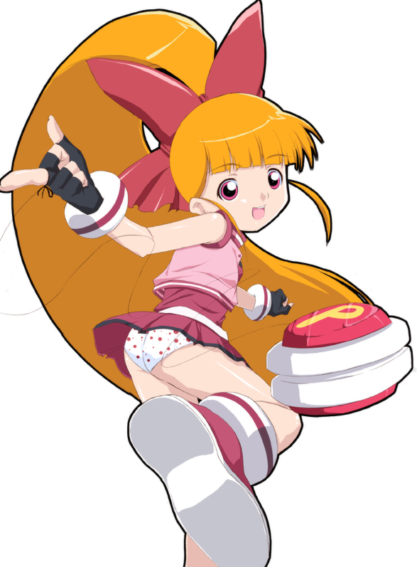 yoshinari atsushi, akazutsumi momoko, hyper blossom, powerpuff girls, powerpuff girls z, 00s, 1girl, bangle, bow, bracelet, dress, female focus, fingerless gloves, gloves, hair bow, jacket, jewelry, long hair, looking back, orange hair, panties, pantyshot, pink eyes, polka dot, polka dot panties, red dress, red panties, red skirt, shoes, short dress, skirt, solo, standing, underwear, very long hair, yo-yo
