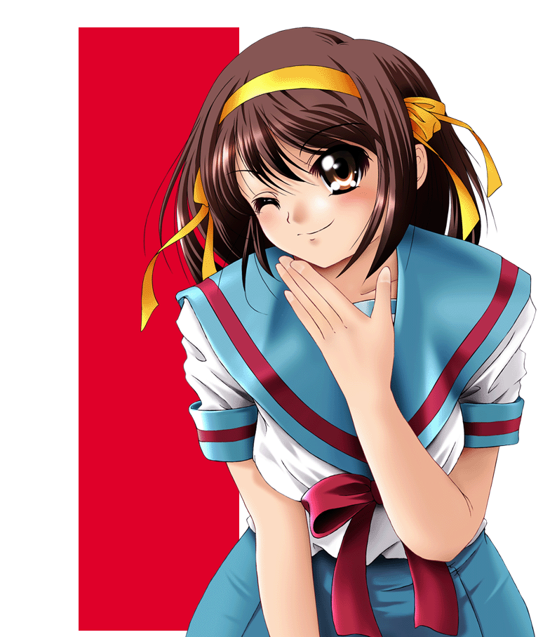 toshipiyo, suzumiya haruhi, suzumiya haruhi no yuuutsu, 00s, brown hair, one eye closed, school uniform, serafuku, short hair, solo, transparent background, wink