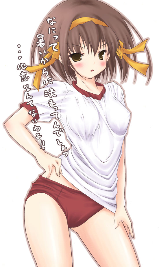 nishikiori jin, nishikiori kami, suzumiya haruhi, suzumiya haruhi no yuuutsu, 00s, 1girl, breasts, brown hair, buruma, covered erect nipples, female focus, gym uniform, medium breasts, short hair, solo