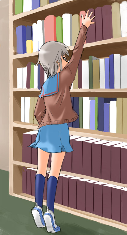 nagase haruhito, nagato yuki, suzumiya haruhi no yuuutsu, 00s, 1girl, book, bookshelf, cardigan, child, female focus, grey hair, medium hair, school uniform, serafuku, solo