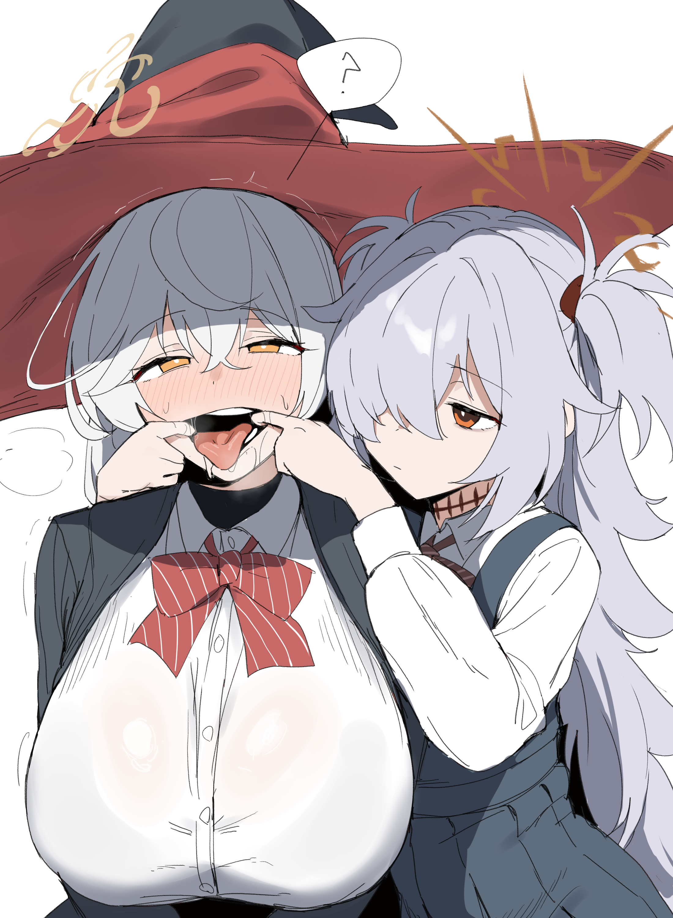 xipa, eri (blue archive), kanoe (blue archive), blue archive, absurdres, commentary request, highres, 2girls, ?, blush, bow, bowtie, breasts, brown halo, grey hair, hair over one eye, halo, hat, huge breasts, long hair, looking at another, looking at viewer, multiple girls, open mouth, red bow, red bowtie, red eyes, red hat, saliva, spoken question mark, tongue, tongue out, witch hat