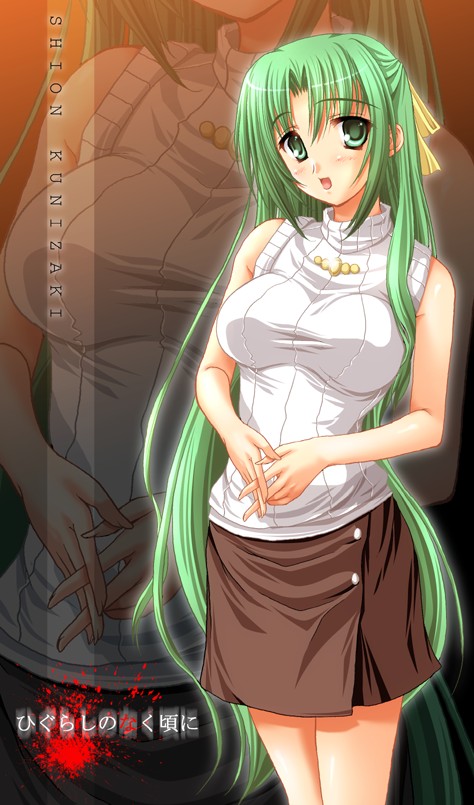 miyai sen, sonozaki shion, higurashi no naku koro ni, 00s, 1girl, blush, character name, copyright name, female focus, green eyes, green hair, hair ribbon, half updo, long hair, matching hair/eyes, pencil skirt, ribbon, shirt, skirt, sleeveless, solo, zoom layer