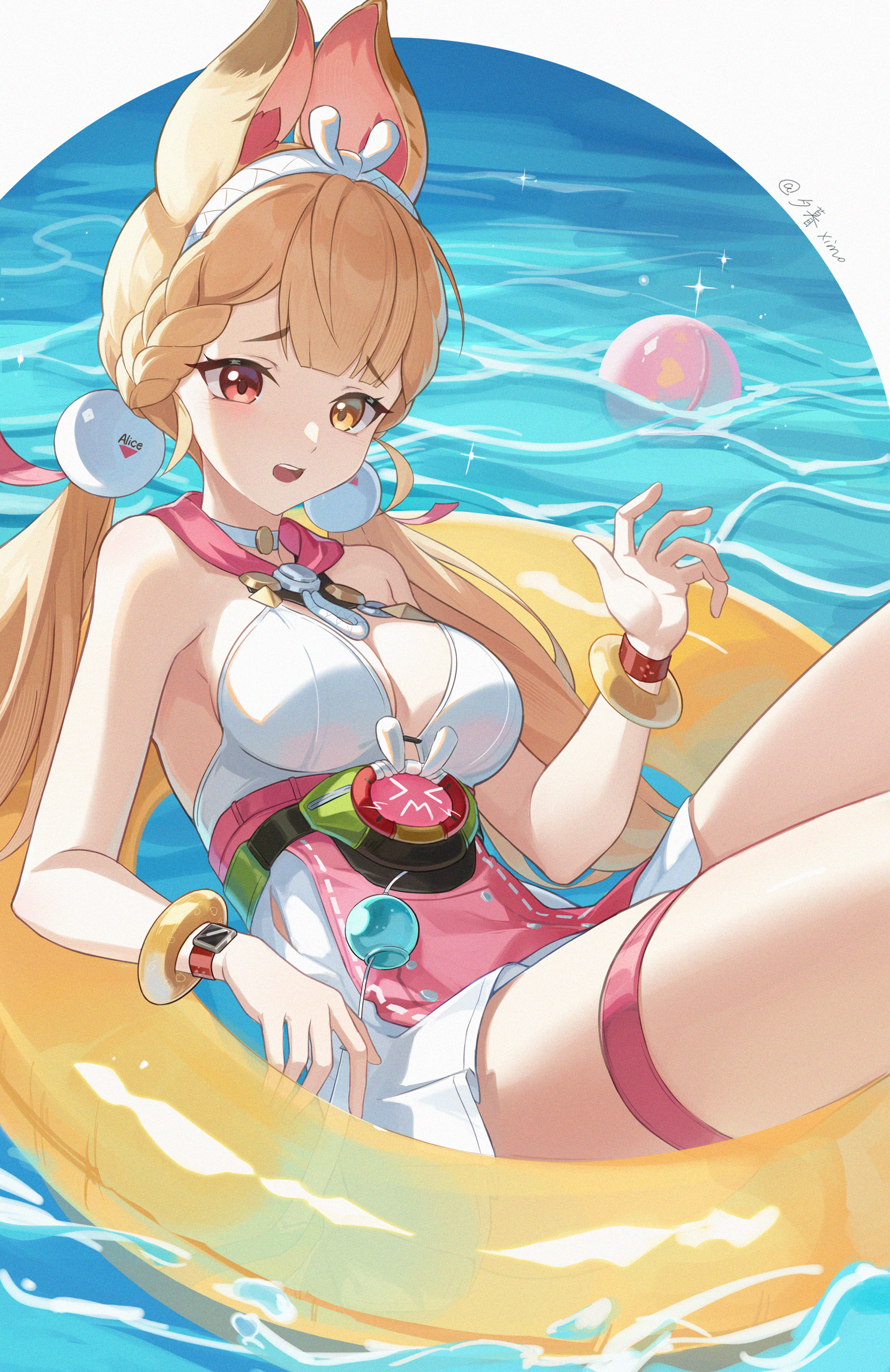 sing shuixing, alice thymefield, alice thymefield (sea of thyme), zenless zone zero, absurdres, commentary request, highres, 1girl, afloat, animal ears, blonde hair, bracelet, breasts, choker, cleavage, dress swimsuit, hairband, hand up, heterochromia, jewelry, long hair, looking at viewer, low twintails, medium breasts, on innertube, one-piece swimsuit, open mouth, pink one-piece swimsuit, rabbit ears, rabbit girl, red eyes, solo, sphere hair ornament, swimsuit, thigh strap, twintails, two-tone one-piece swimsuit, watch, water, white choker, white hairband, white one-piece swimsuit, wristwatch, yellow eyes, yellow innertube
