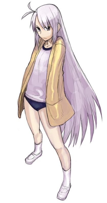 yu 65026, original, light purple hair, 1girl, ahoge, antenna hair, buruma, female focus, full body, gym uniform, hands in pockets, long hair, shoes, simple background, socks, solo, standing, very long hair, white background