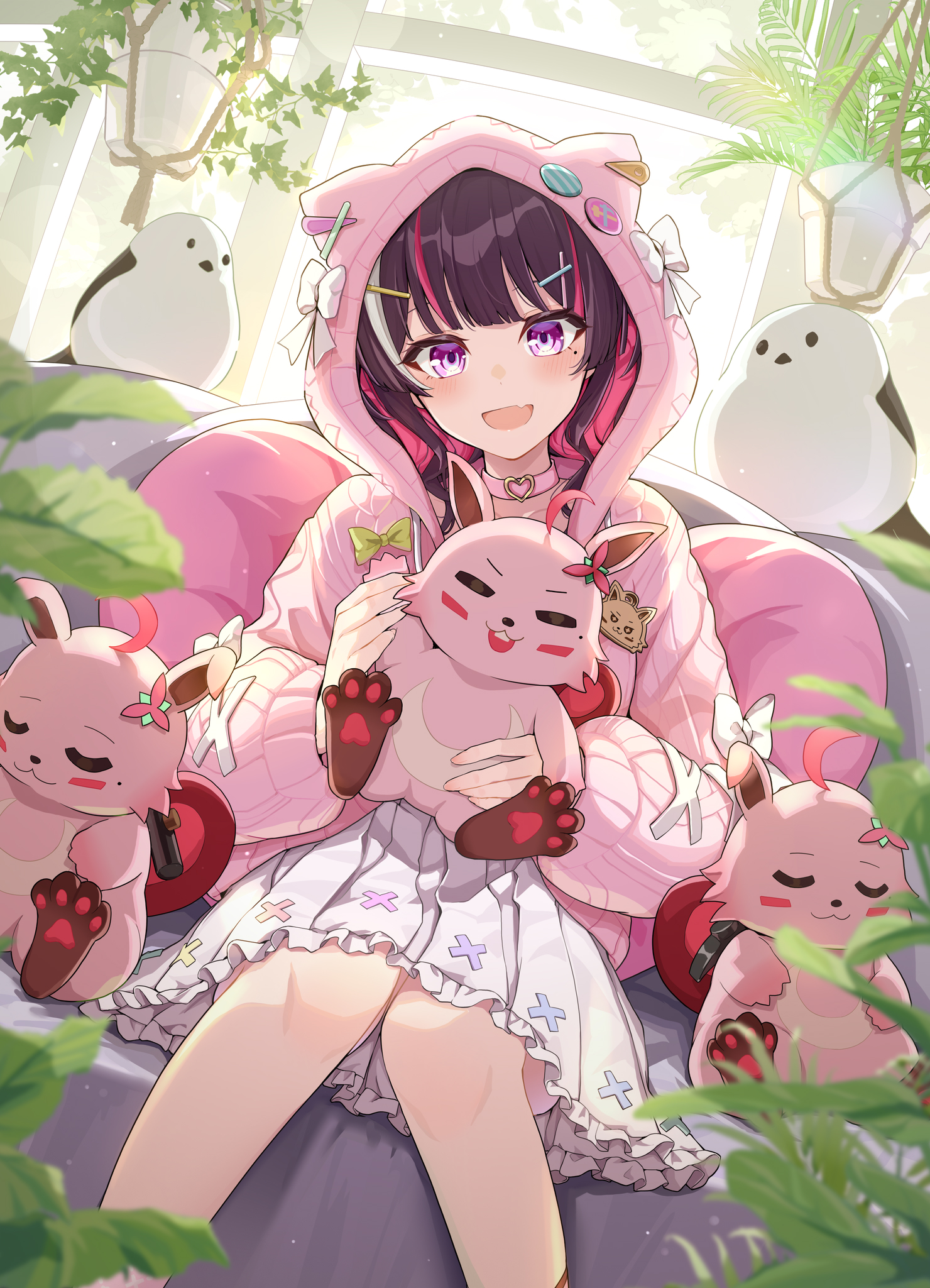 shara (syara so ju), azki (hololive), hololive, highres, 1girl, blush, brown hair, choker, dress, hair ornament, holding, hood, hood up, indoors, jacket, long hair, long sleeves, looking at viewer, open mouth, pink choker, pink hair, pink jacket, sitting, smile, solo, white dress, x hair ornament
