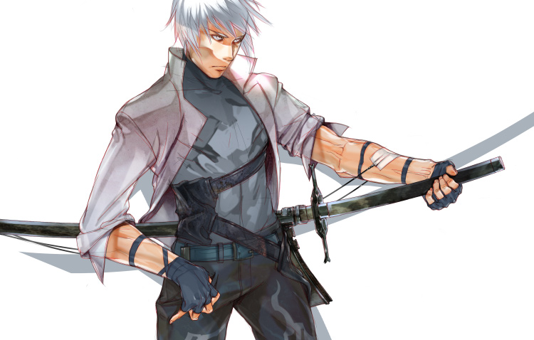 princess spirit, original, 1boy, fingerless gloves, gloves, katana, male focus, open clothes, open shirt, shirt, solo, sword, weapon, white hair