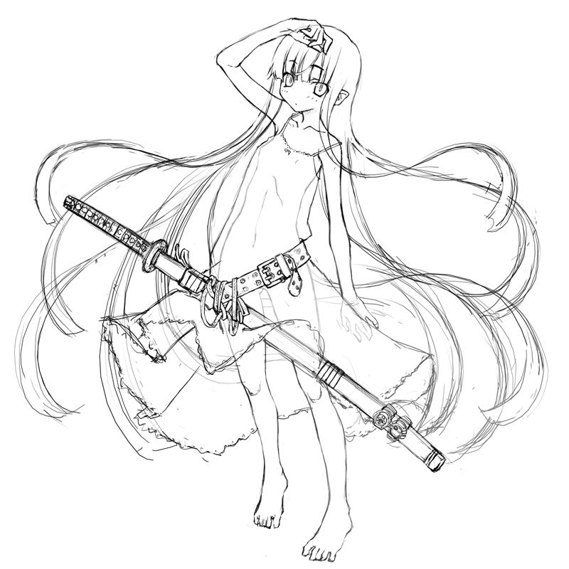 sakuya tsuitachi, original, barefoot, dress, feet, flat chest, greyscale, monochrome, nipples, see-through clothes, sketch, solo, sword, weapon